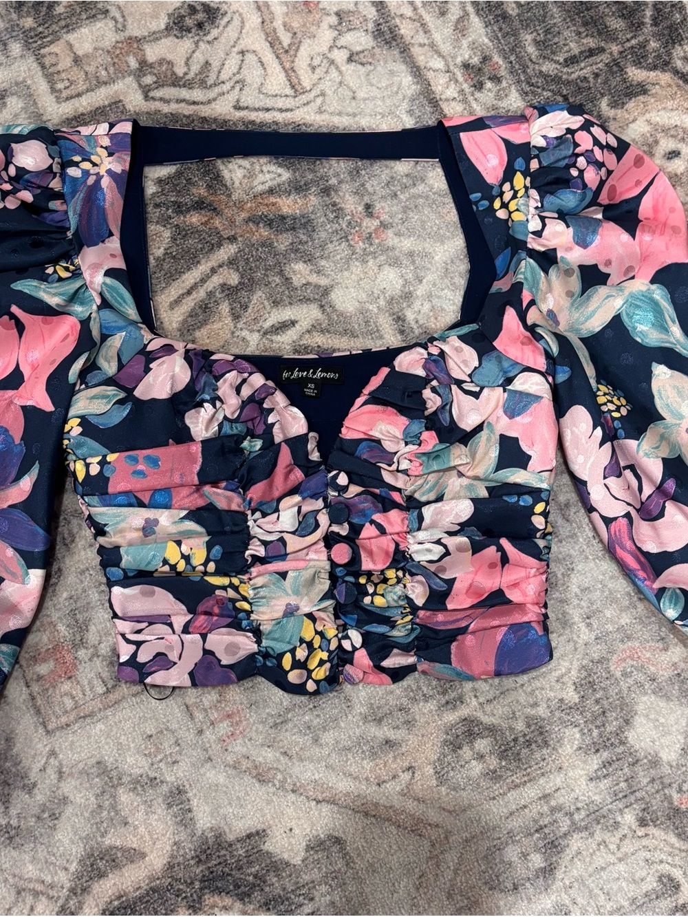 For Love & Lemons Floral Ruched Square-Neck Crop Top - Pink & Navy